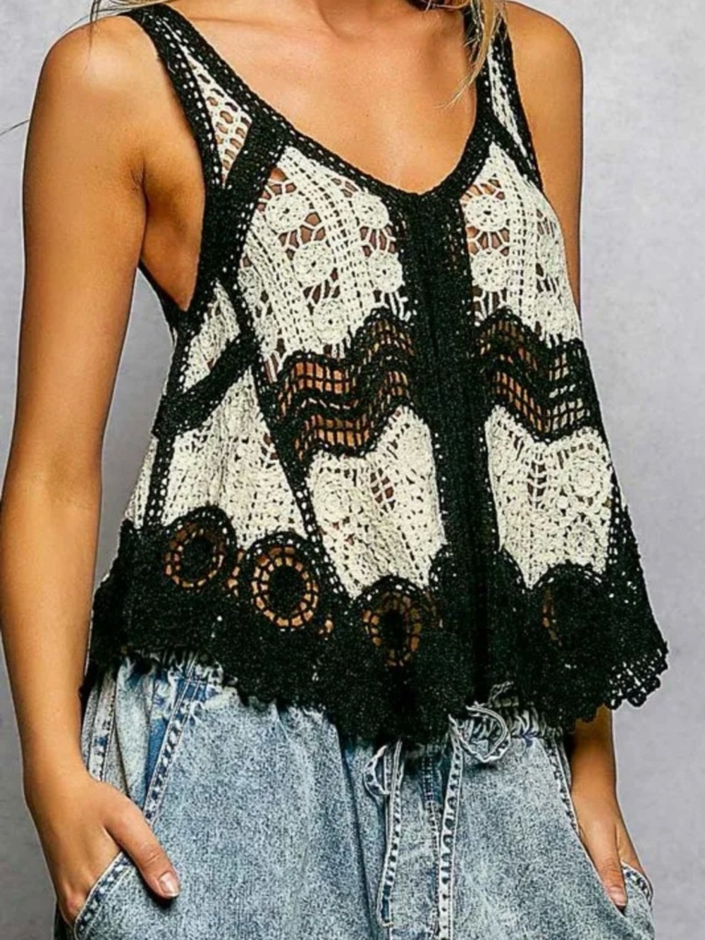 POL Black and Cream Crochet Tank Top